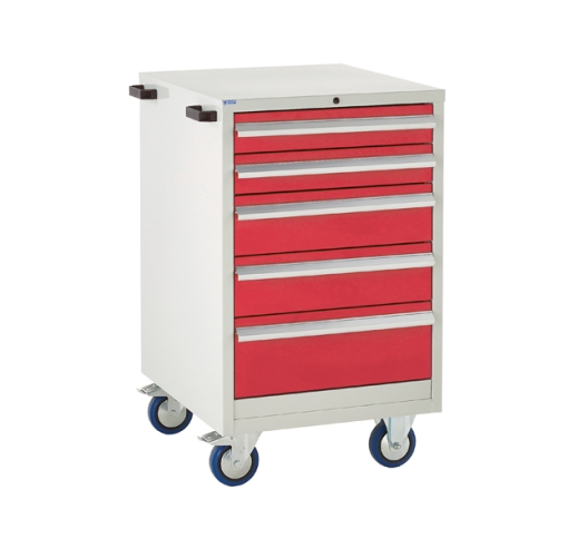 Mobile Euroslide cabinet with 5 drawers in red
