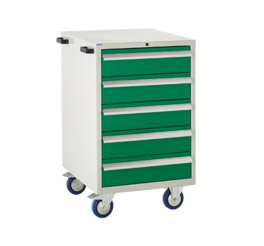 Mobile Euroslide cabinet with 5 drawers in green