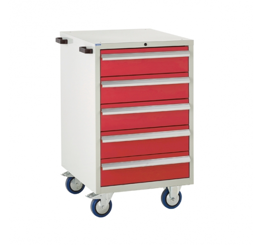 Mobile Euroslide cabinet with 5 drawers in red