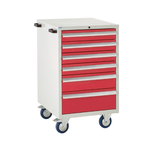 Mobile Euroslide cabinet with 6 drawers in red