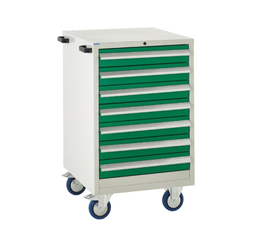 Mobile Euroslide cabinet with 7 drawers in green