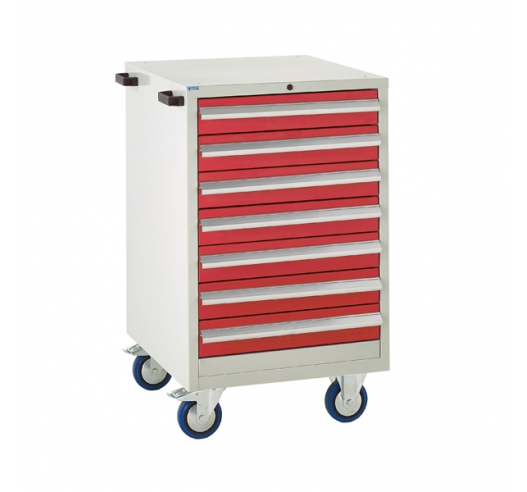 Mobile Euroslide cabinet with 7 drawers in red