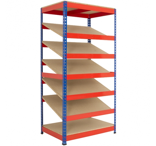 Shelving bay with 5 sloping shelves