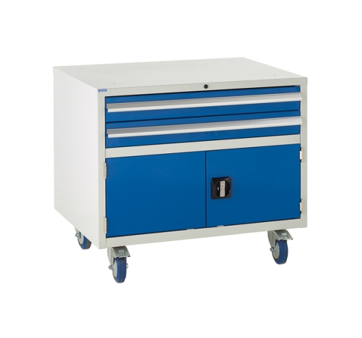 Under bench Euroslide cabinet with 2 drawers and 1 cupboard in blue
