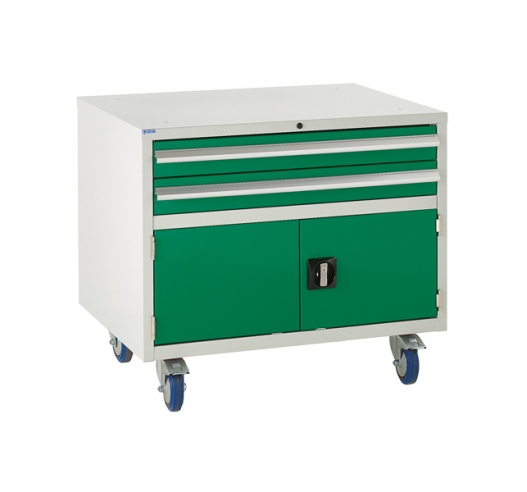 Under bench Euroslide cabinet with 2 drawers and 1 cupboard in green