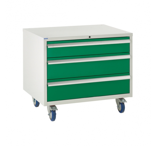 Under bench Euroslide cabinet with 3 drawers in green