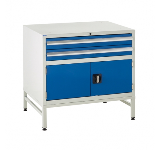 Under bench Euroslide cabinet and stand with 2 drawers and 1 cupboard in blue