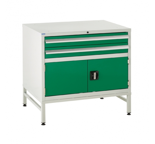 Under bench Euroslide cabinet and stand with 2 drawers and 1 cupboard in green