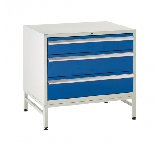 Under bench Euroslide cabinet and stand with 3 drawers in blue