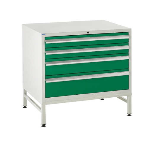 Under bench Euroslide cabinet and stand with 4 drawers in green