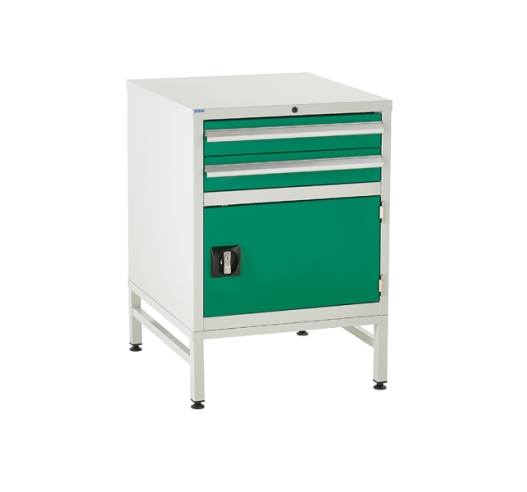 Under bench Euroslide cabinet and stand with 2 drawers and 1 cupboard in green