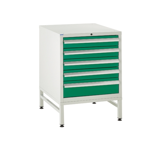 Under bench Euroslide cabinet and stand with 5 drawers in green