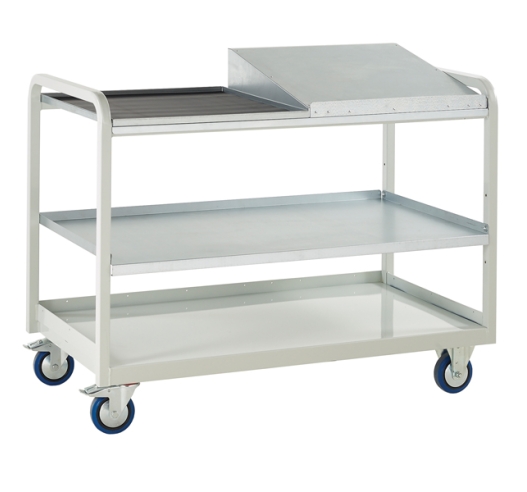 Euroslide Steel Shelf Trolley with tool tray and sloping worktop