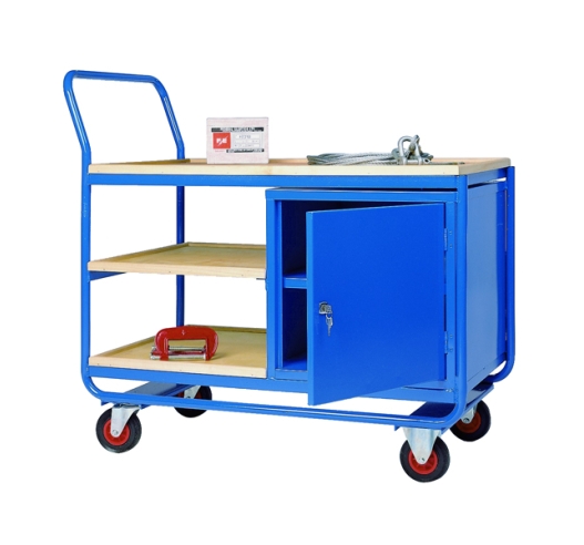 Trolley with 3 Plywood Shelves and Steel Cupboard