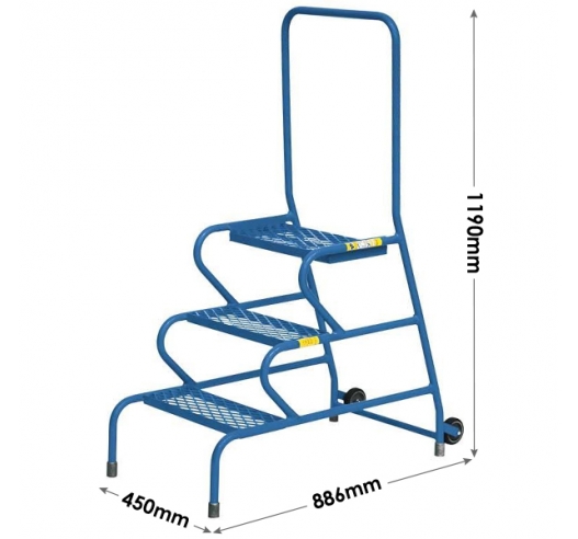 3 Step Unit with Handrail and Wheels Dimensions