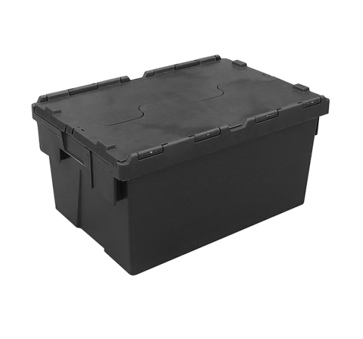 Black Plastic Tote Attached Lid Container Crates