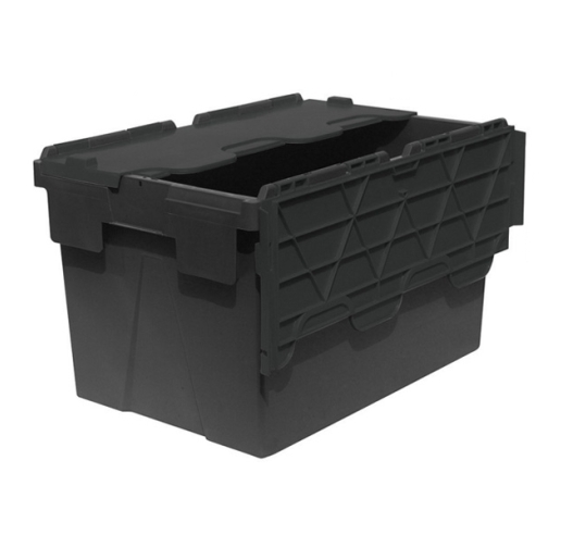 65 Litre Black Heavy Duty Plastic Storage Box Tote Crates with Hinged Lids