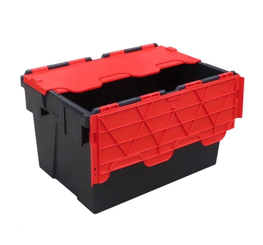 65 Litre Black and Red Lidded Heavy Duty Plastic Storage Box Tote Crates