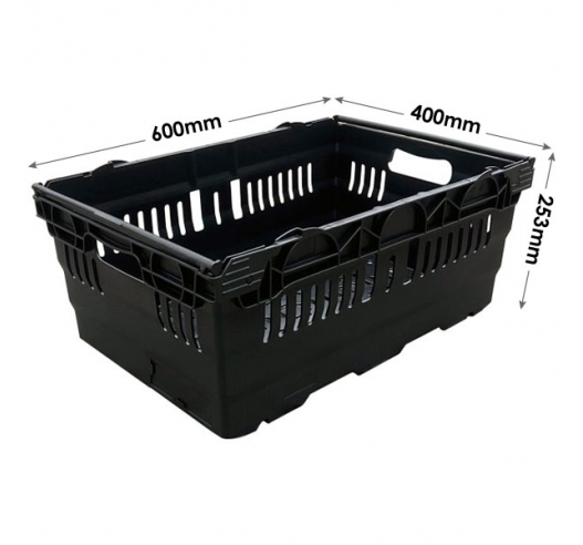 Black Bail Arm Stacking & Nesting (600 x 400 x 253mm) Ventilated Crate Dimensions