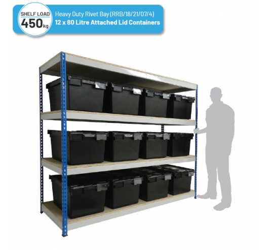 Heavy Duty Shelving Bay with 12 x LC3-V/Plastor/Black (80 Litre) Attached Lid Containers