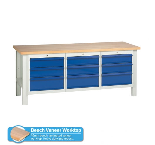 Heavy Duty Workbenc with Beech Veneer Worktop & 3 x 3 Drawer Sets