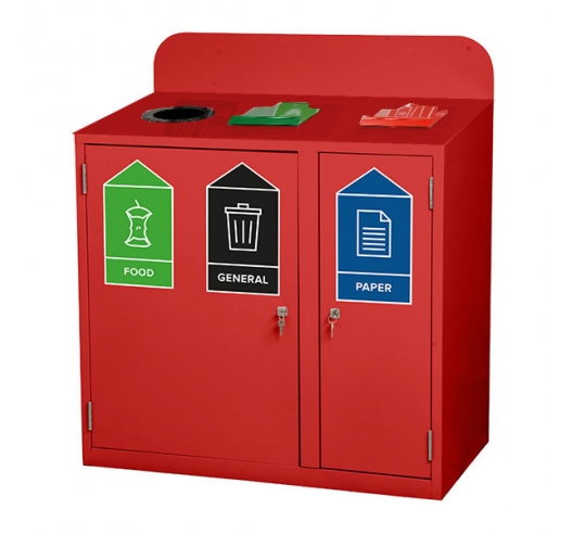 3 Bay Recycling Bin In Red With Example Stickers