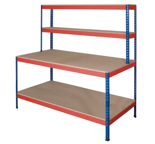 Rivet Workstation Bench with Full Undershelf in Blue and Orange