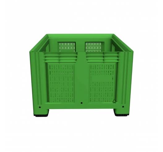 Large Vented Plastic Pallet Box with 2 Runners In Green End View