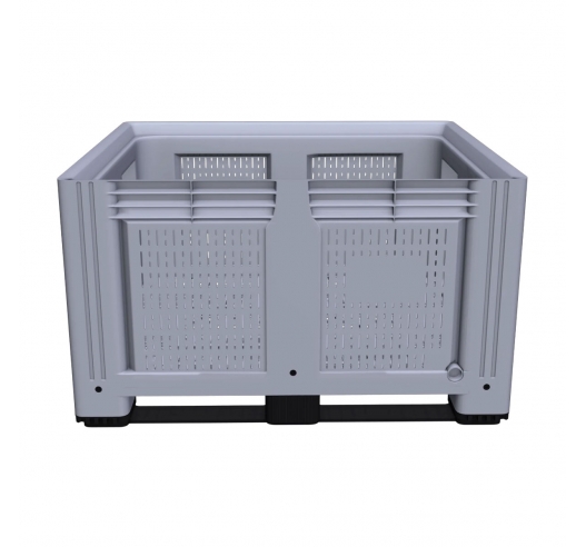Large Vented Plastic Pallet Box with 2 Runners In Grey Side View