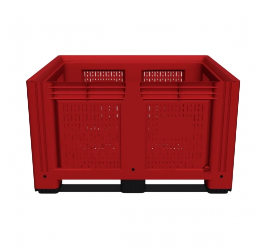 Large Vented Plastic Pallet Box with 2 Runners In Red Side View