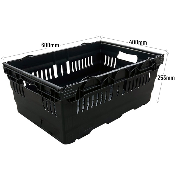 Black Bail Arm Stacking & Nesting (600 x 400 x 253mm) Ventilated Crate Dimensions