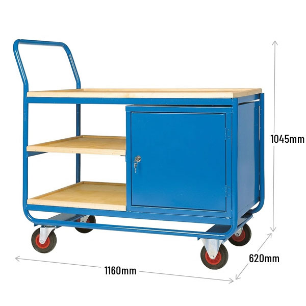 Trolley with 3 Plywood Shelves and 1 Steel Cupboard