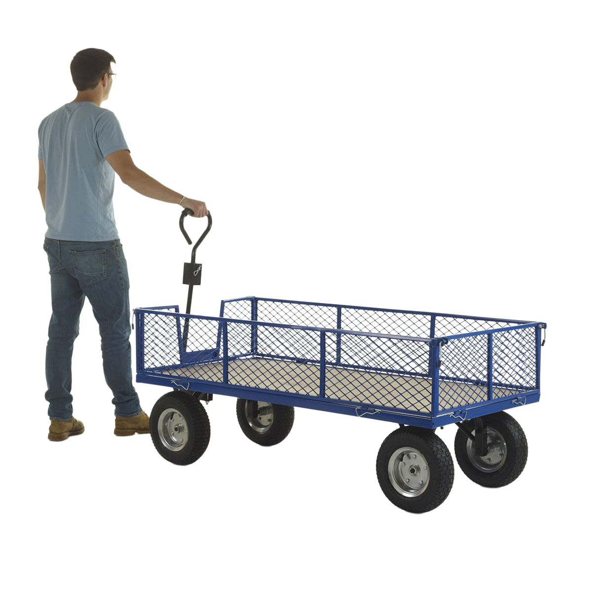 Industrial General Purpose Platform Truck With A Plywood Base And Drop Down Mesh Sides