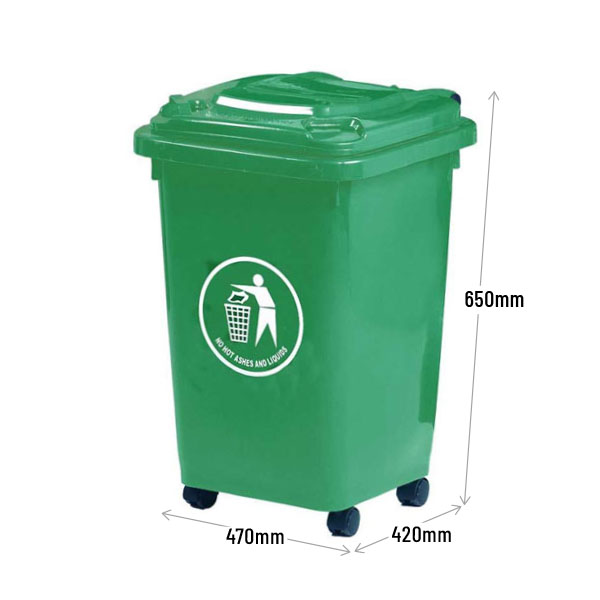 Green wheeled trash bin with dimensions