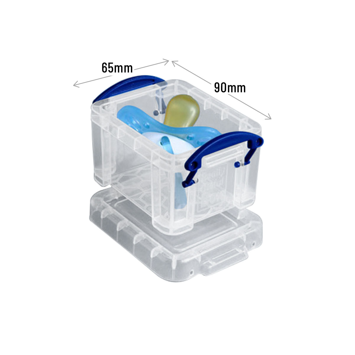 Clear storage box with pacifiers