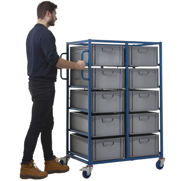 Double Width Mobile Tray Rack With 10 Containers In Use