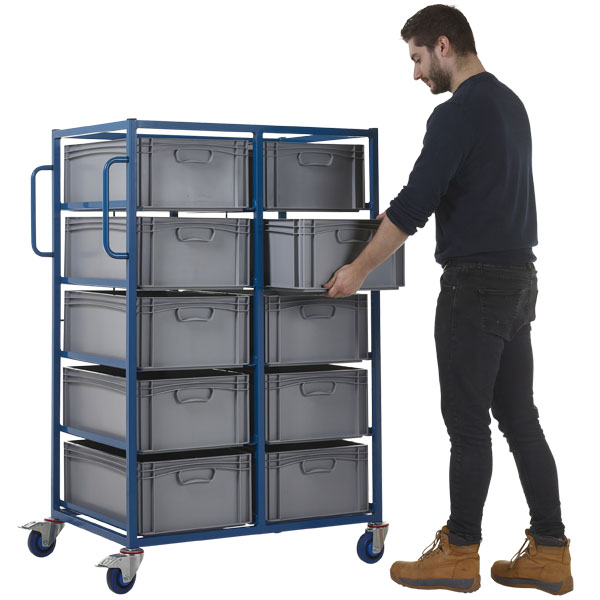Double Width Mobile Tray Rack With 10 Containers In Use