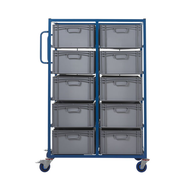 Double Width Mobile Tray Rack With 10 Containers Side View