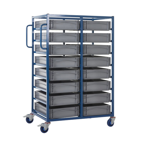 Double Width Mobile Tray Rack With 16 Containers