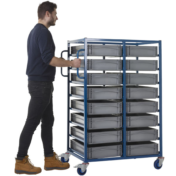 Double Width Mobile Tray Rack With 16 Containers In Use