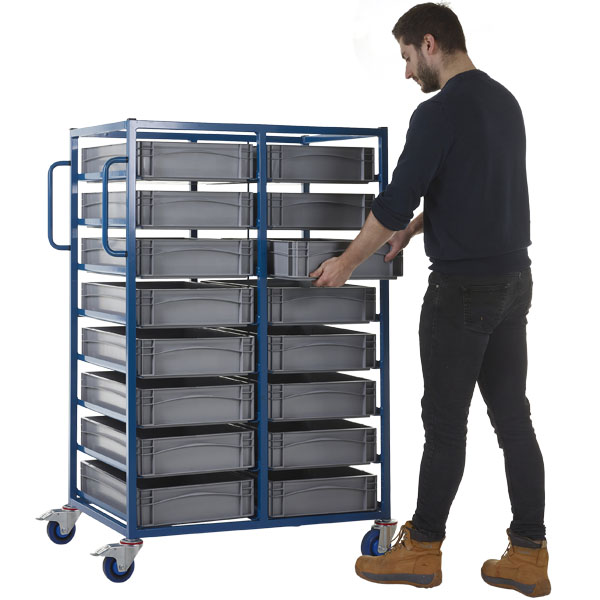 Double Width Mobile Tray Rack With 16 Containers In Use
