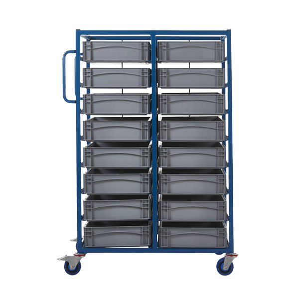 Double Width Mobile Tray Rack With 16 Containers Side View