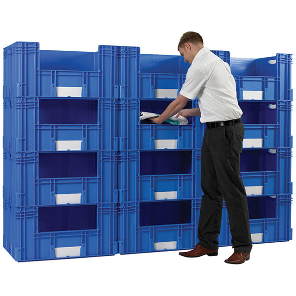 12 x Large Euro Plastic Containers with Open Sides to Create 600mm Deep Pick Wall
