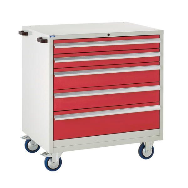 Mobile Euroslide cabinet with 5 drawers in red