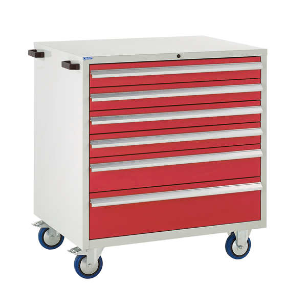 Mobile Euroslide cabinet with 6 drawers in red