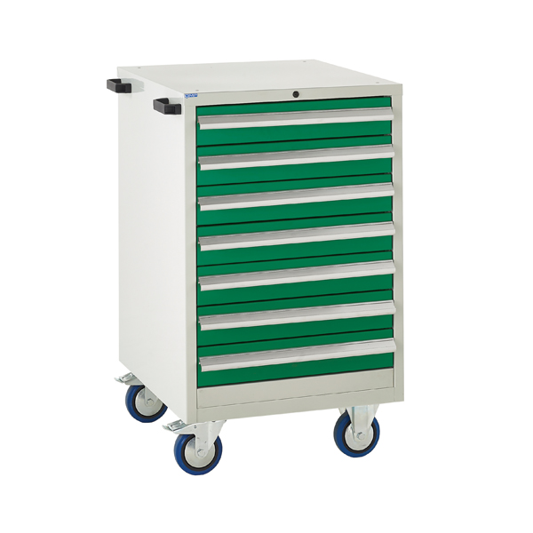 Mobile Euroslide cabinet with 7 drawers in green