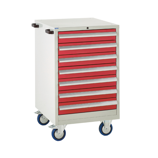 Mobile Euroslide cabinet with 7 drawers in red