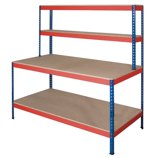 Rivet Workstation Bench with Full Undershelf in Blue and Orange
