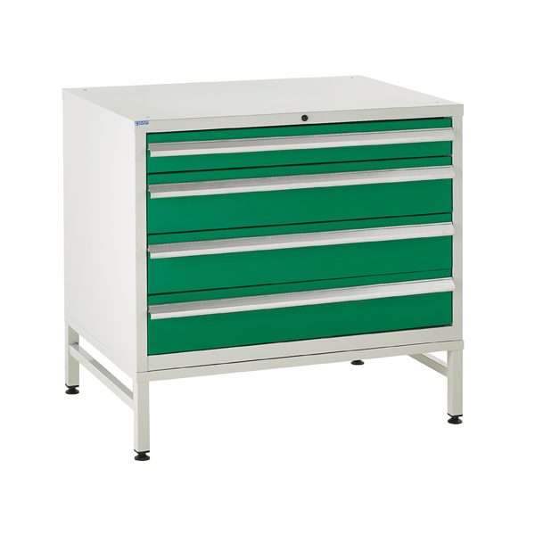 Under bench Euroslide cabinet and stand with 4 drawers in green