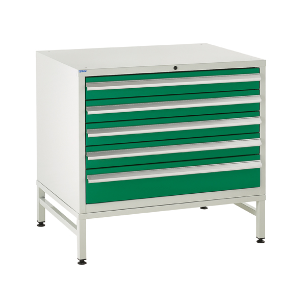 Under bench Euroslide cabinet and stand with 5 drawers in green